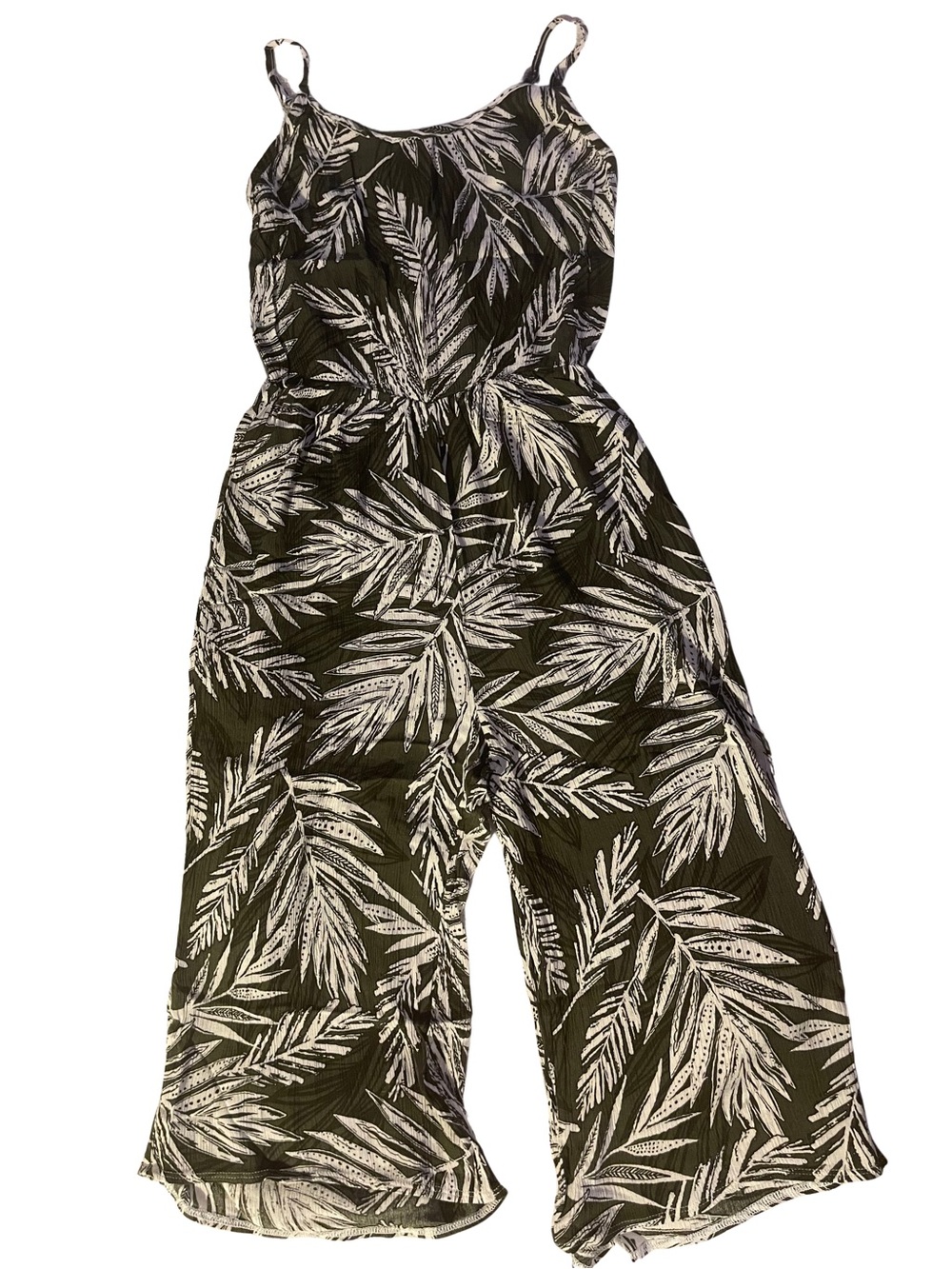 Olive Green Tropical Leaf Wide-Leg Jumpsuit